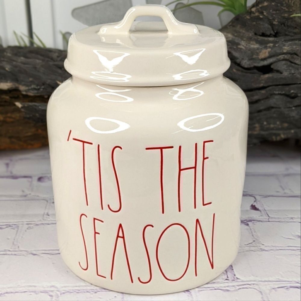 Rae Dunn TIS THE SEASON Ceramic Cookie JarâCanister with Red Lettering